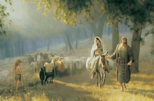 A painting by Joseph Brickey showing Mary and Joseph and a donkey walking through a sunny field past a small shepherd and his flock.
