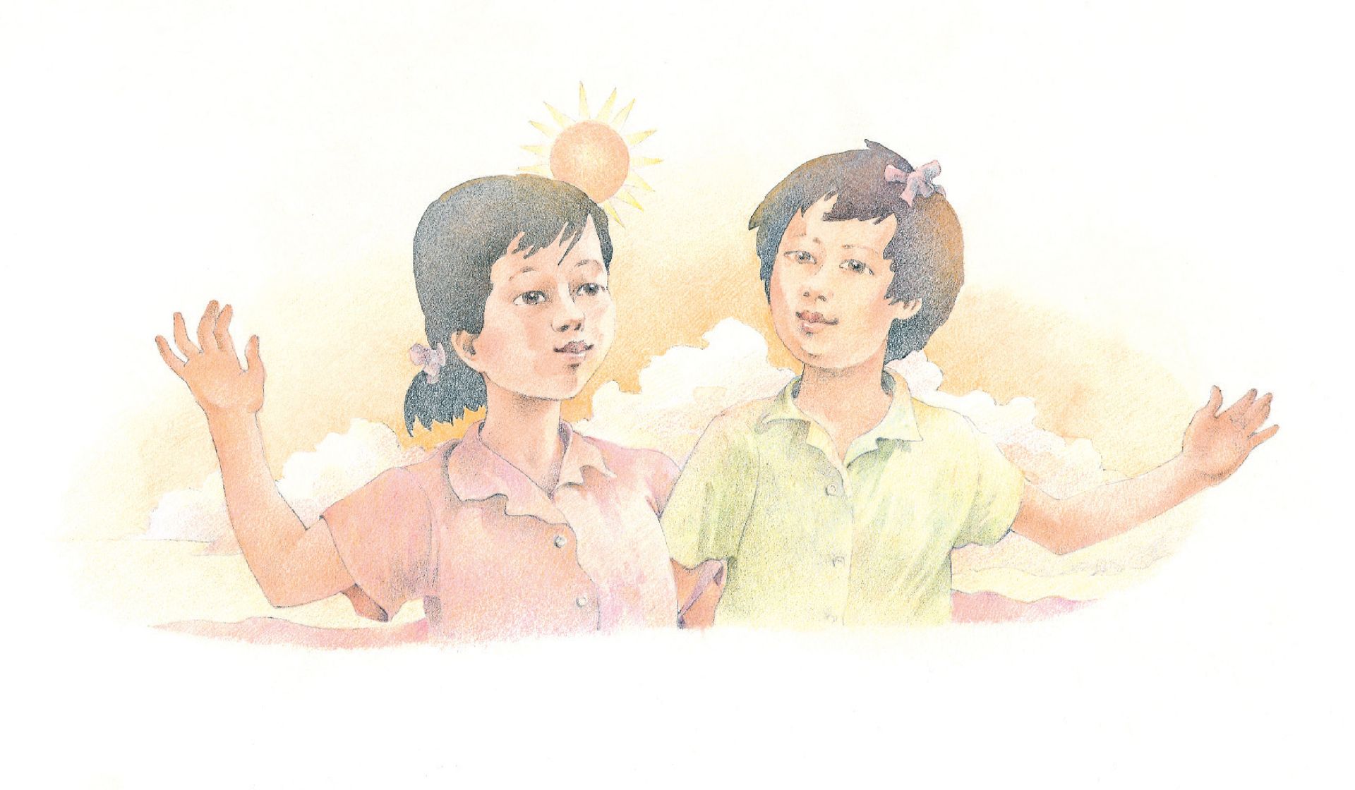 Two friends stand arm in arm in the sunlight. From the Children’s Songbook, page 261, “Here We Are Together”; watercolor illustration by Richard Hull.