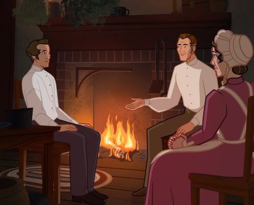 Oliver Cowdery sitting near a fireplace and talking to Joseph Smith’s parents.