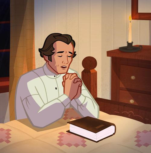 Oliver Cowdery kneeling at his bedside and praying to know more about Joseph Smith.