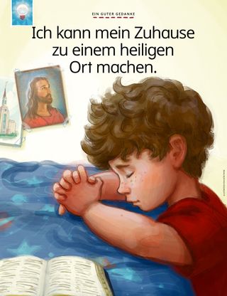 boy praying at bed with picture of Jesus on wall