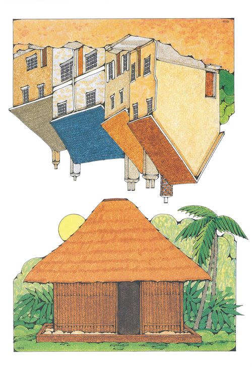 Two Primary cutouts of a Polynesian home with the sun in the background and a row of houses with red, orange, blue, and gray roofs.