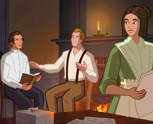 Oliver Cowdery and Joseph Smith sitting near a fireplace. Emma is holding some manuscript pages.