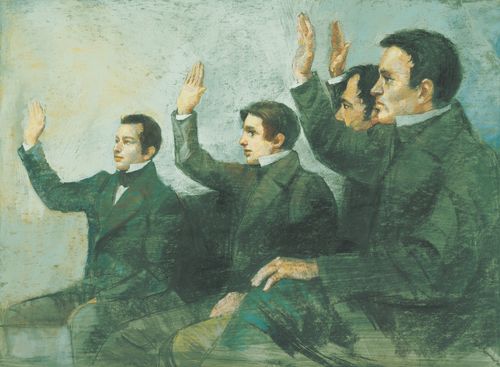 homens erguendo a mão direita