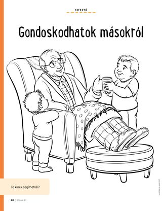 coloring page of boy giving drink to grandpa