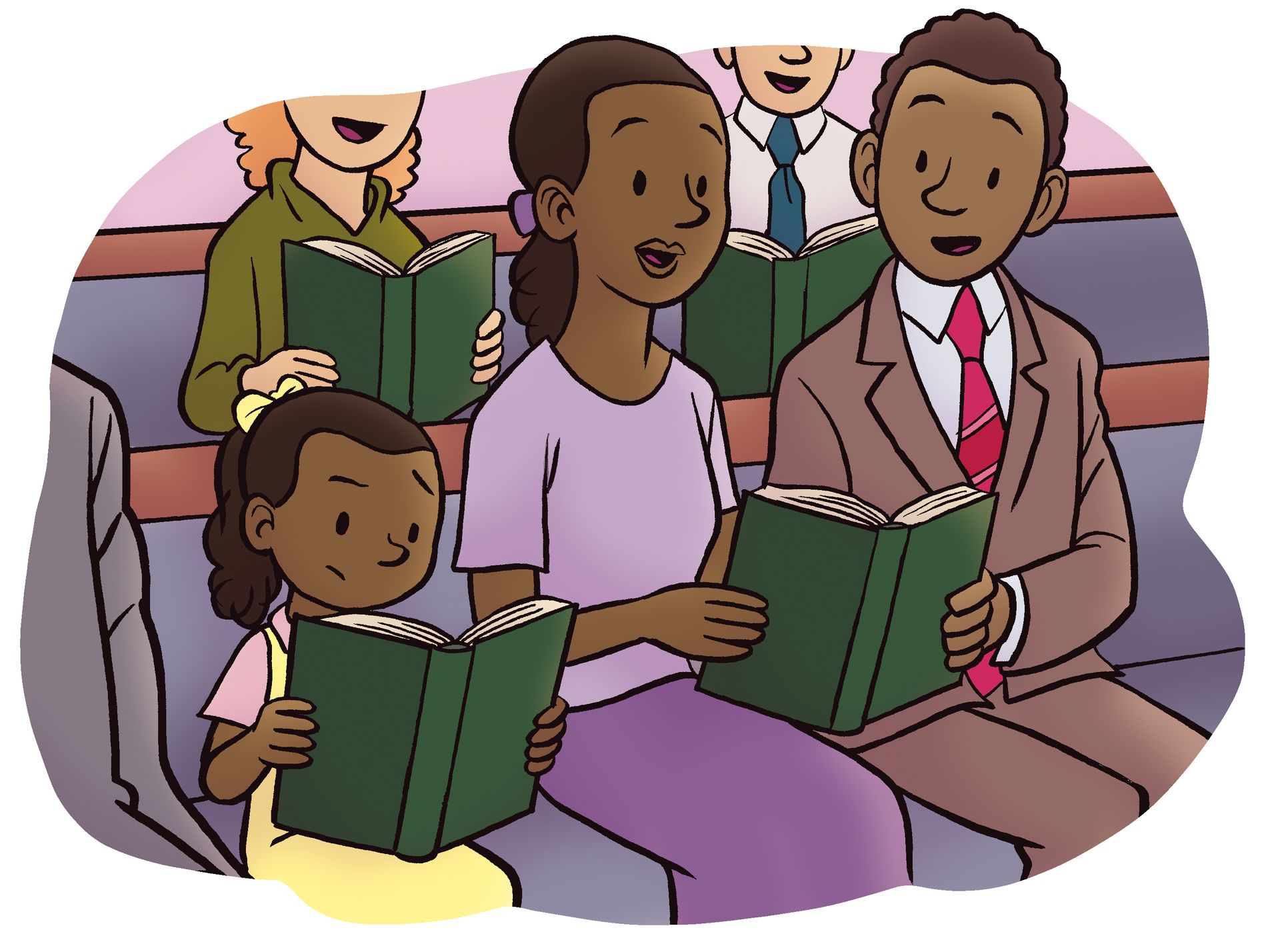 A mother, father, and daughter sing from hymnbooks at church.