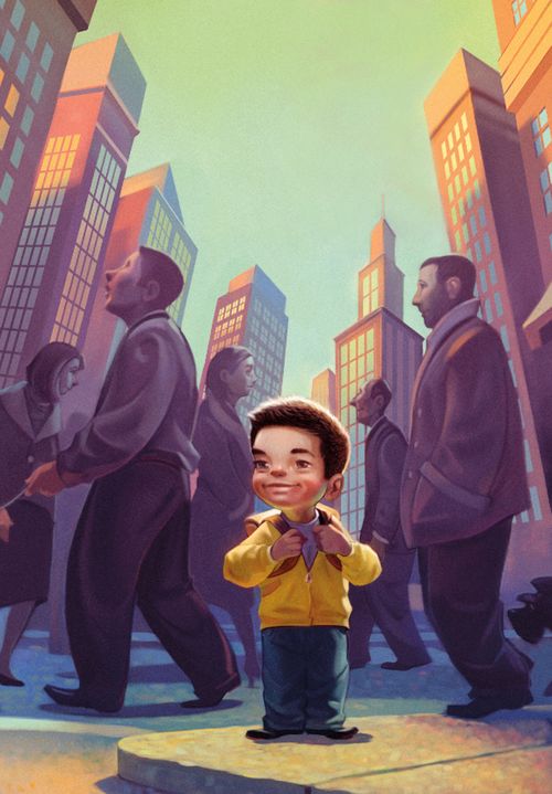 An illustration of a young boy smiling and standing in a big city, with buildings around him and people walking by.