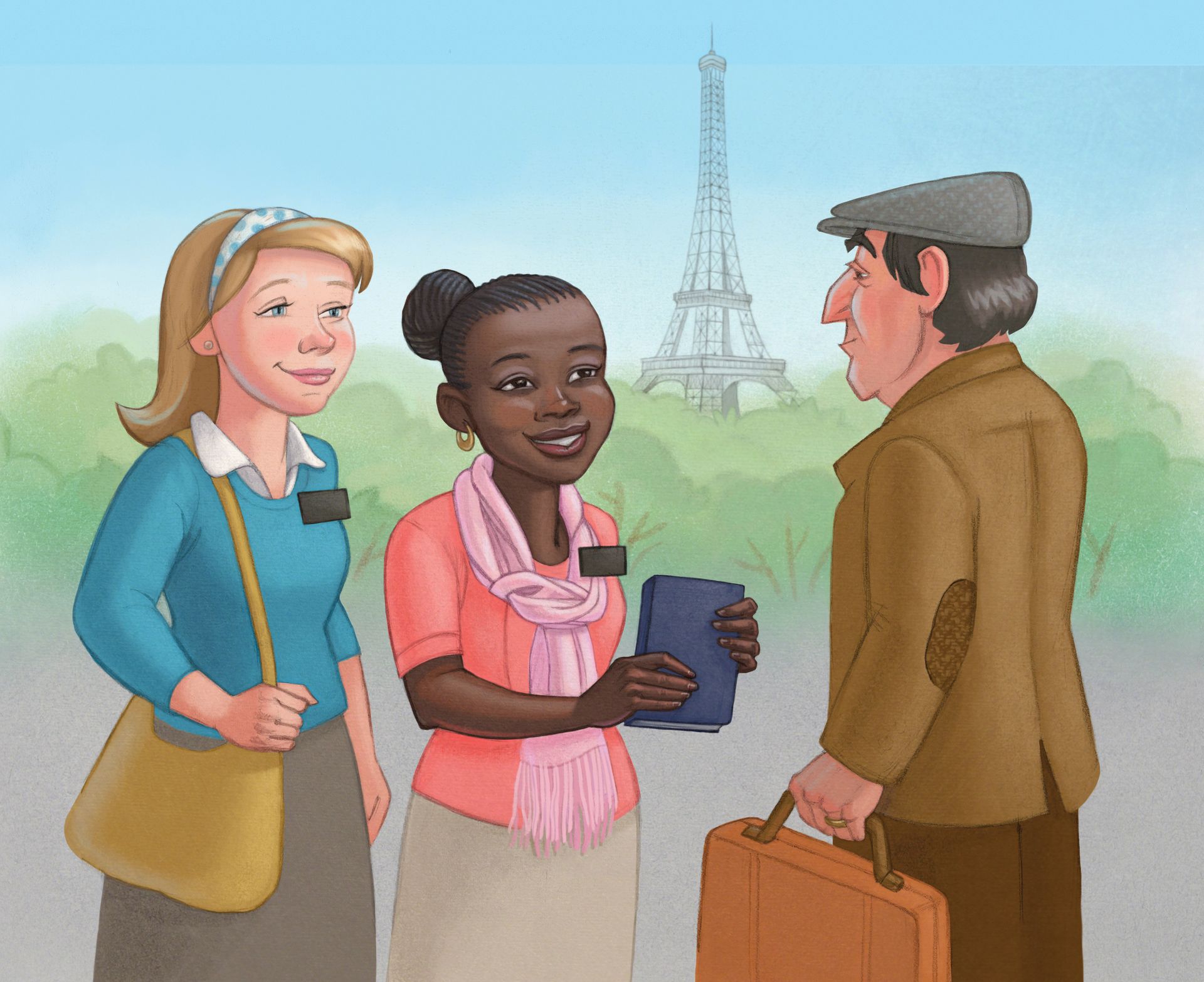 Two female missionaries in Paris give a man a Book of Mormon.
