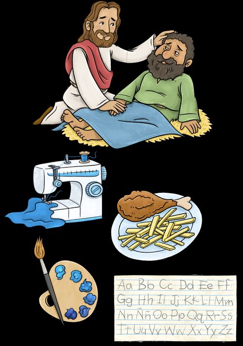 Illustrations of Jesus healing a blind man, a sewing machine, a plate of chicken and fries, a paintbrush, and the alphabet