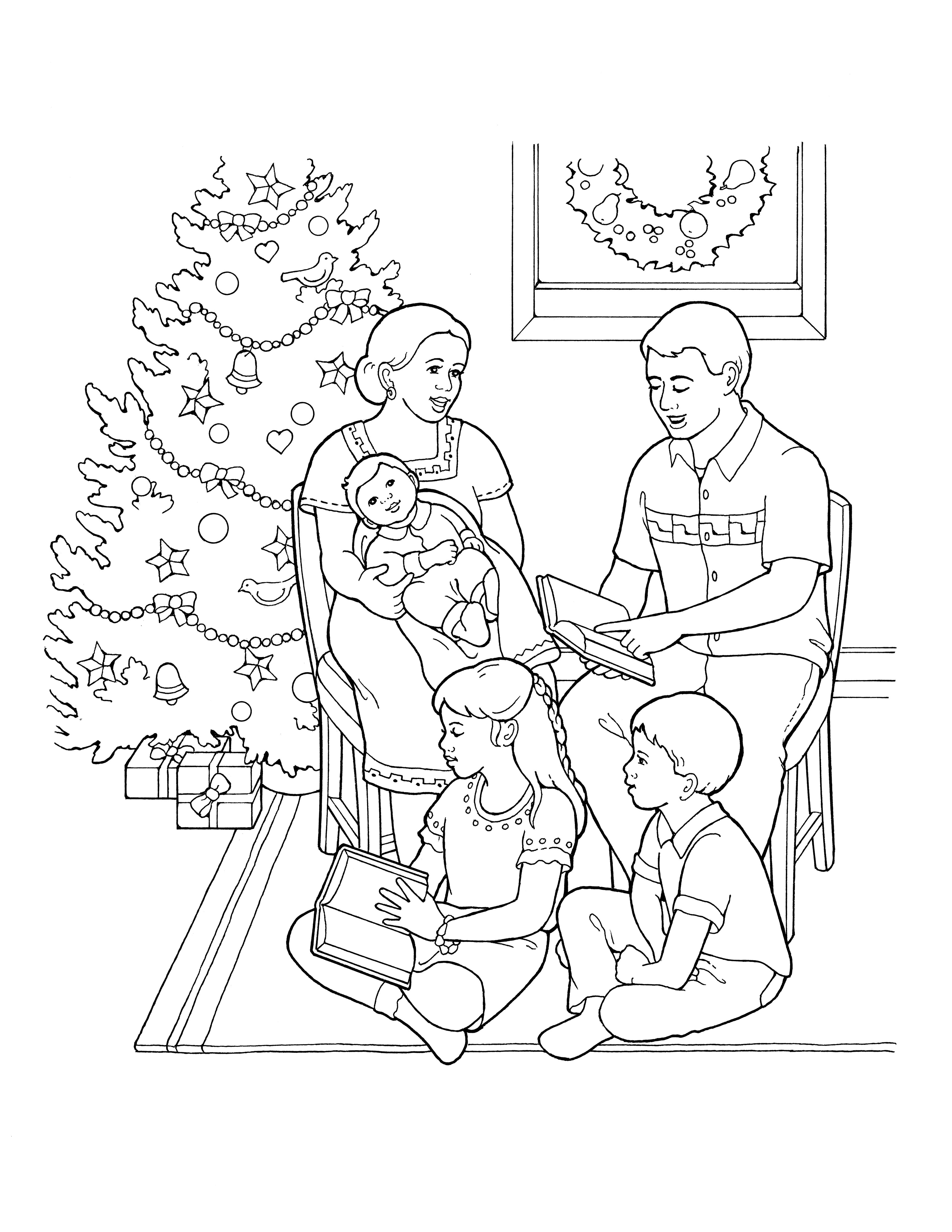 An illustration of a family sitting around a Christmas tree, reading about the Nativity.
