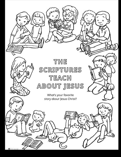 Coloring page with lineart of children reading the scriptures