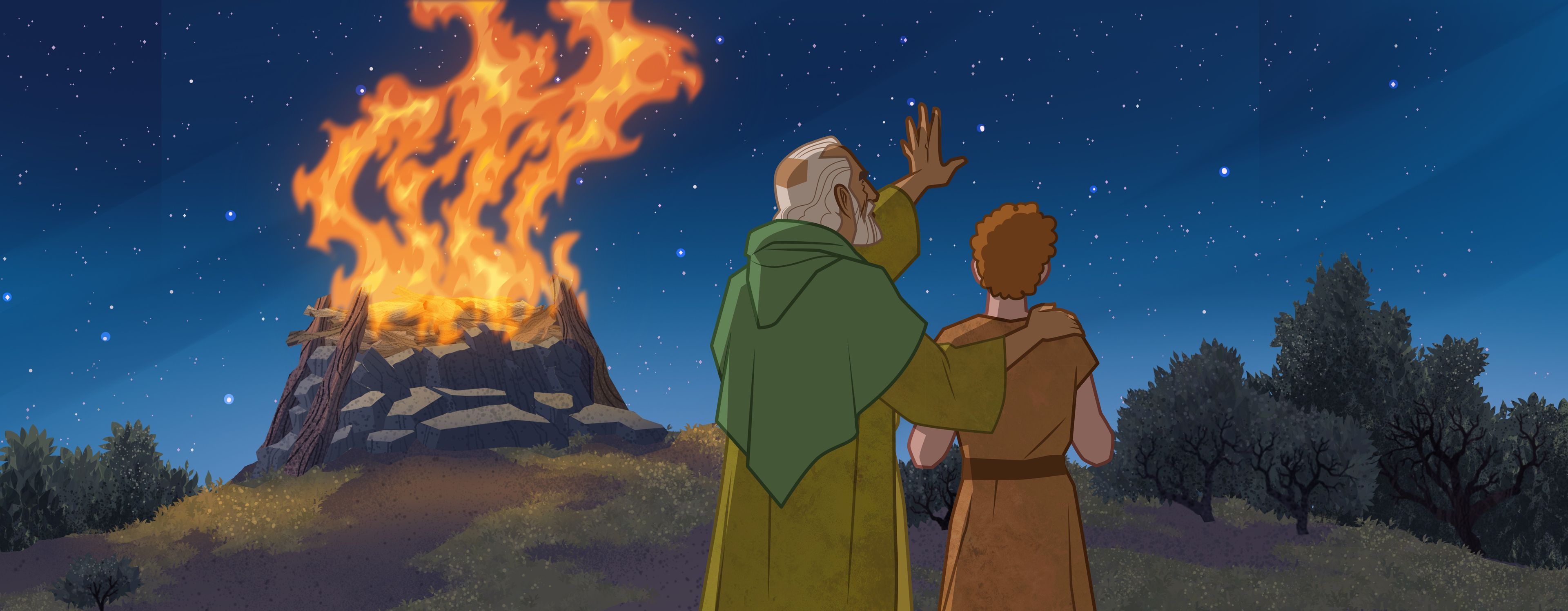 Illustration of Abraham and Isaac looking at sky. Genesis 22:17–18; Jacob 4:5