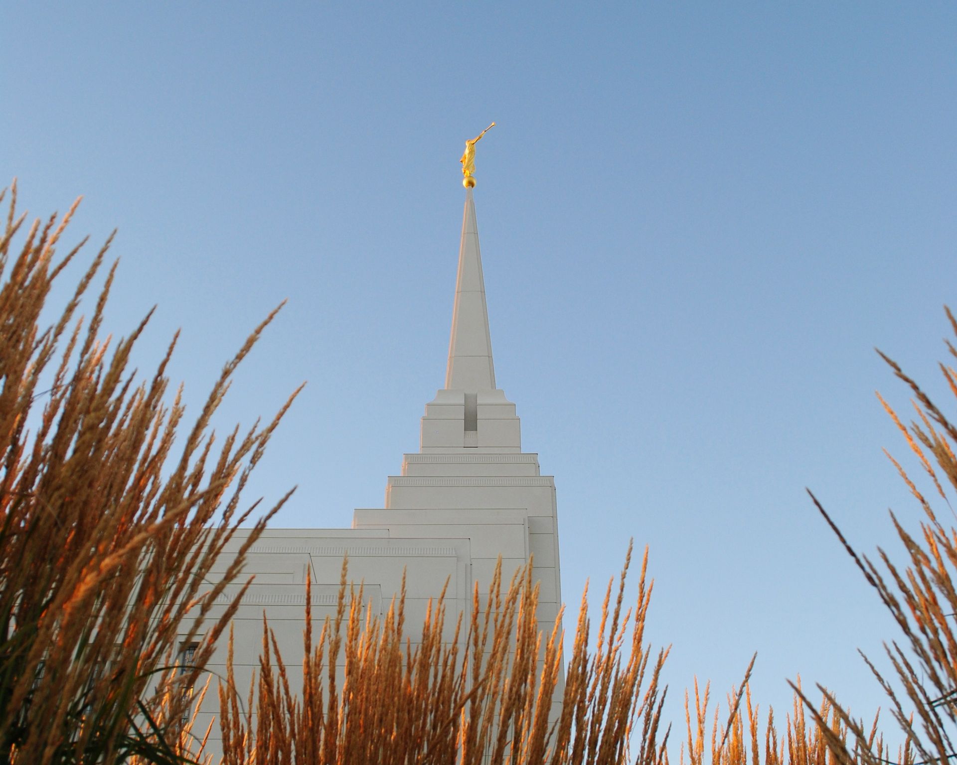 The Rexburg Idaho Temple spire, including scenery.
