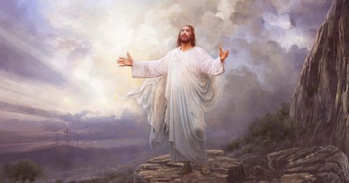 Painting of Jesus Christ looking up to heaven with His arms raised up. He is by the tomb where He was laid.