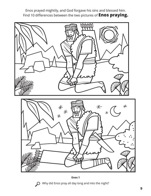 A line drawing of two similar images of Enos praying with a spot the difference activity.