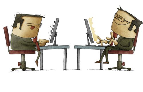 two images of man at computer