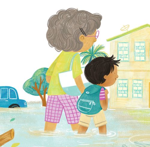 Boy and his grandmother walking across a flooded street