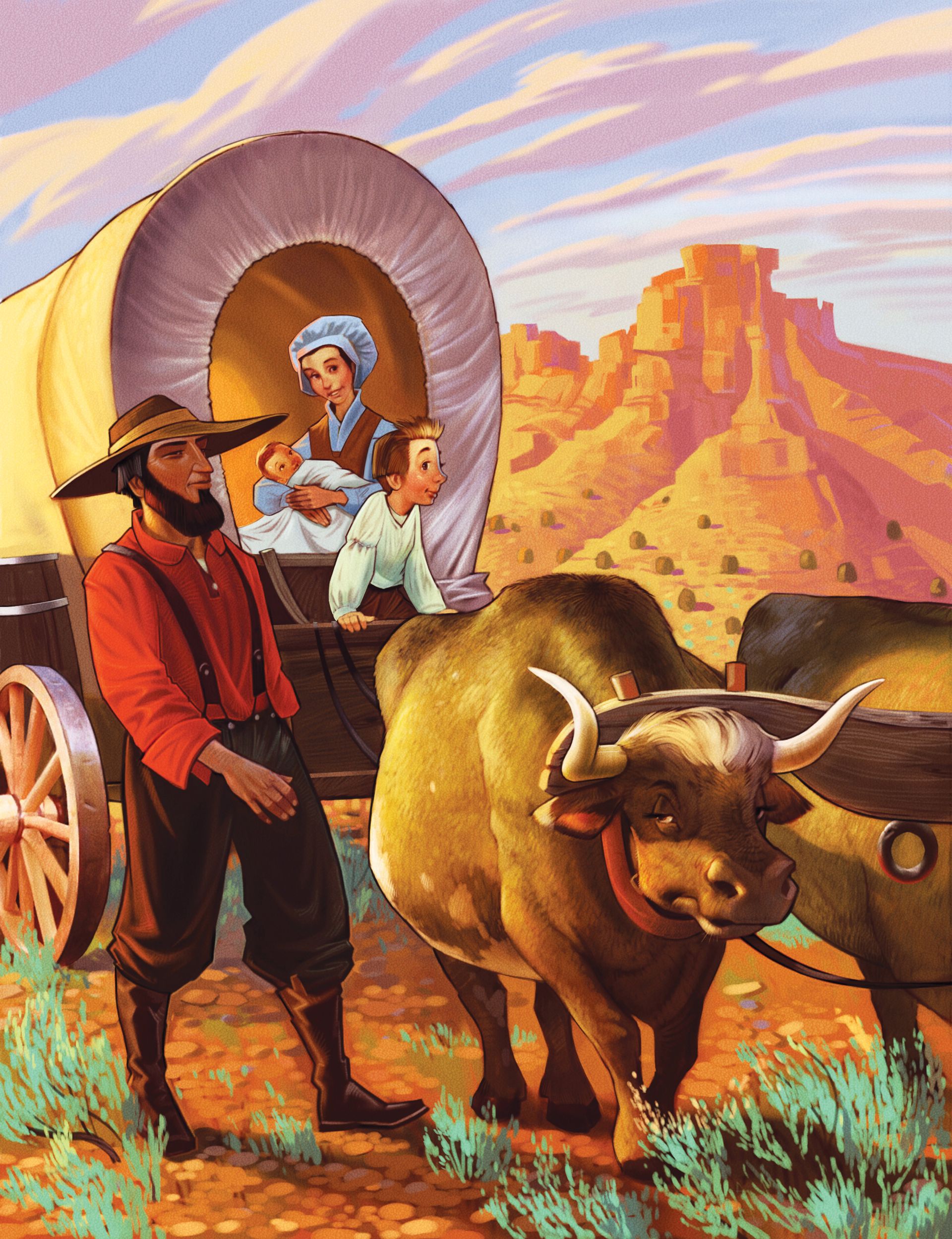 A family of pioneers traveling together with a covered wagon and two oxen.