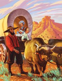 An illustration of a pioneer father walking in the desert next to a covered wagon pulled by oxen, with his wife and two children inside.
