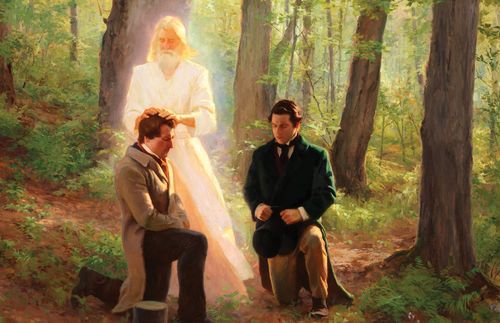A painting showing the restoration of the Aaronic Priesthood to Joseph Smith and Oliver Cowdery.