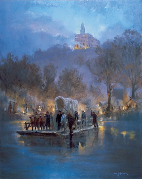 A raft with a covered wagon leaving Nauvoo with the temple above on a hill.