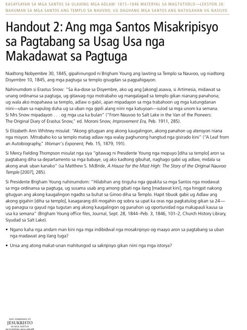 Handout 2: Ang mga Santos Misakripisyo sa Pagtabang sa Usag Usa nga Makadawat sa Pagtuga