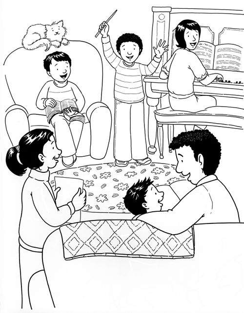 An illustration of a family of six sitting in a living room and singing together during a family home evening, with their mother playing the piano.