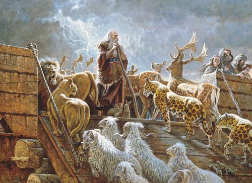 The Old Testament prophet Noah and his family aboard the ark. Noah is watching the animals board the ark. Storm clouds and lightning are depicted in the sky.