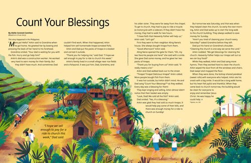 Story PDF with image of a boy and his dad walking through a village in the Philippines