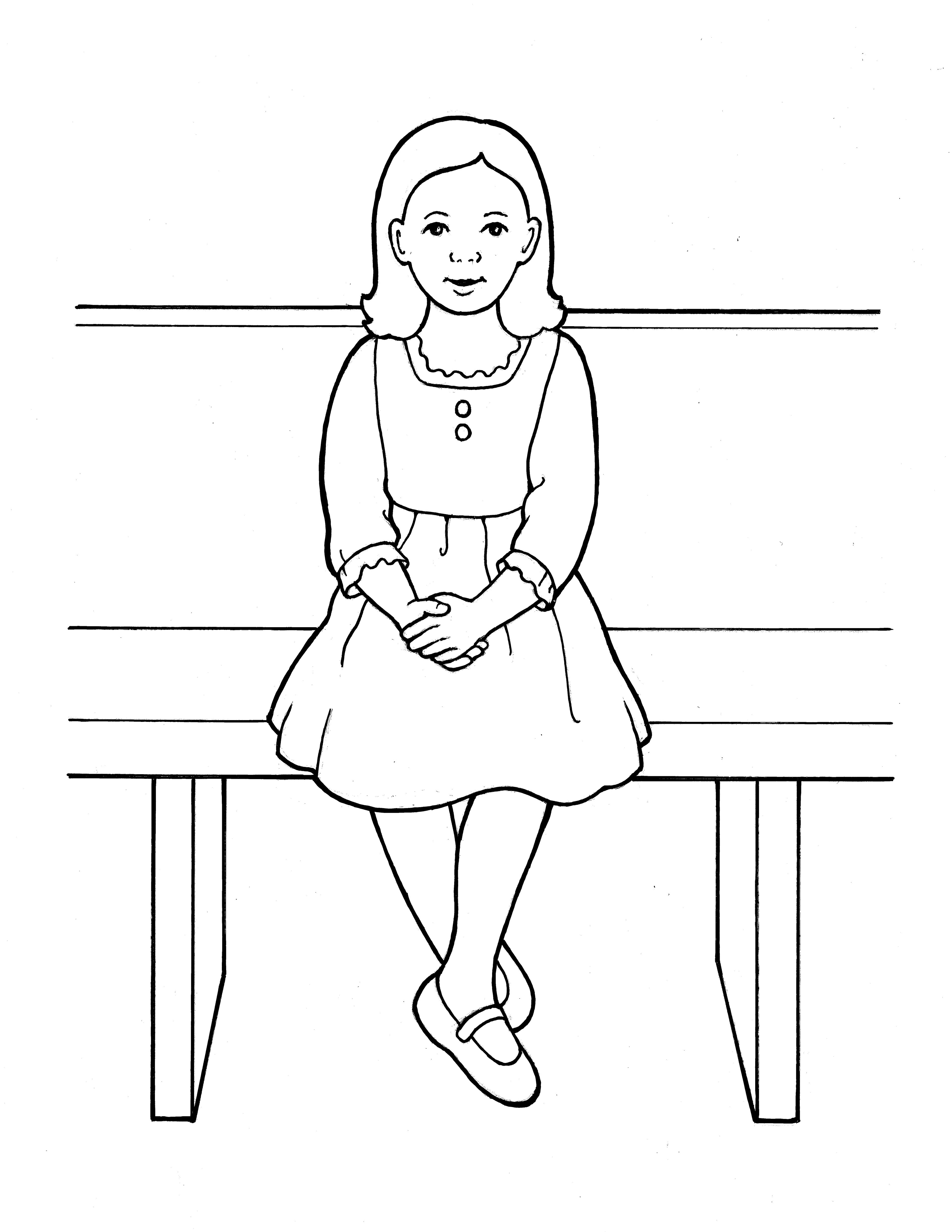 An illustration of a young girl sitting reverently with her hands folded in her lap.
