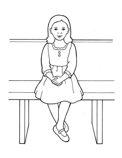 A black-and-white illustration of a young girl in a dress sitting on a bench with her hands held in her lap.