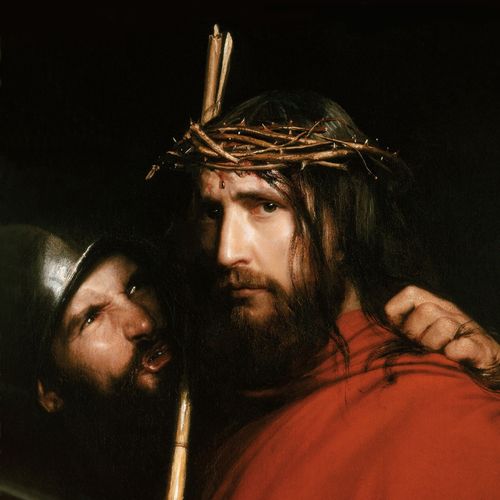 Jesus trägt eine Dornenkrone und wird von einem Soldaten verhöhnt