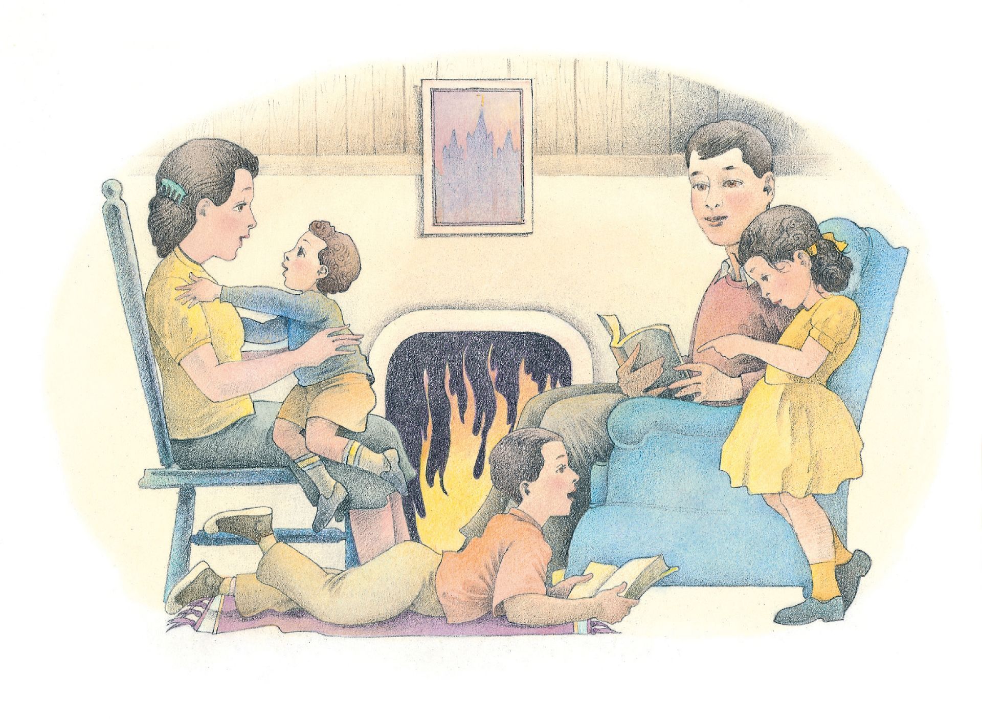 A family of five sitting around the fire, reading books and interacting. From the Children’s Songbook, page 192, “Home”; watercolor illustration by Richard Hull.