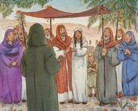 Illustrations of Ruth from the Old Testament.  Looks like a wedding is shown in the illustration.