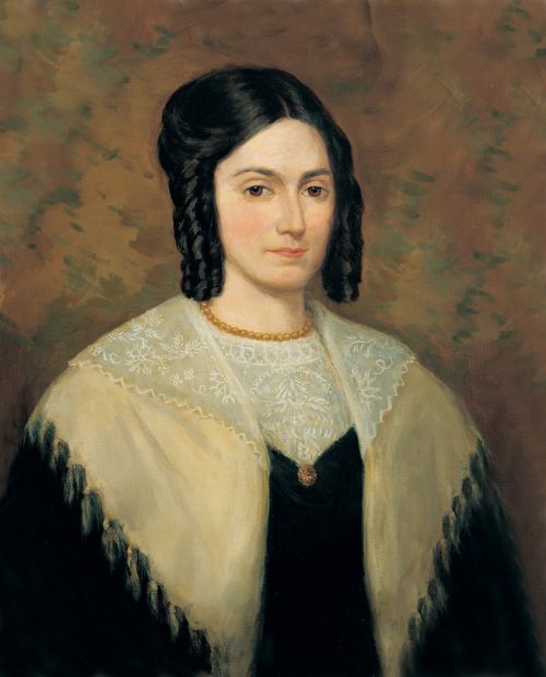 A painted portrait by Lee Greene Richards of Emma Hale Smith in a black dress and a white shawl.