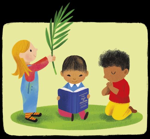 children holding palm leaf and reading scripture