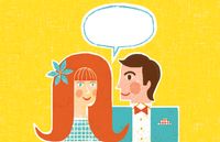 illustration of young man and young woman talking with speech bubble