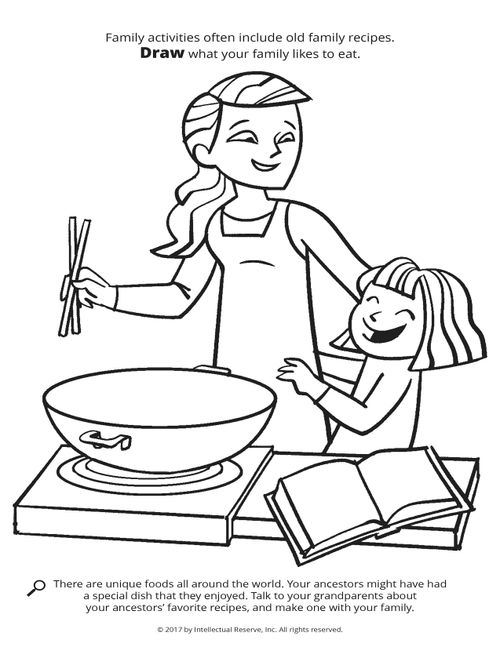 Line drawing of a mother and daughter making food from a recipe book.