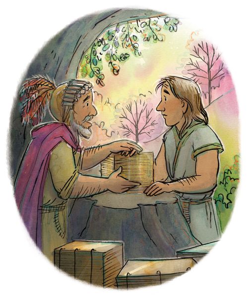Мормон передает золотые листы Моронию.