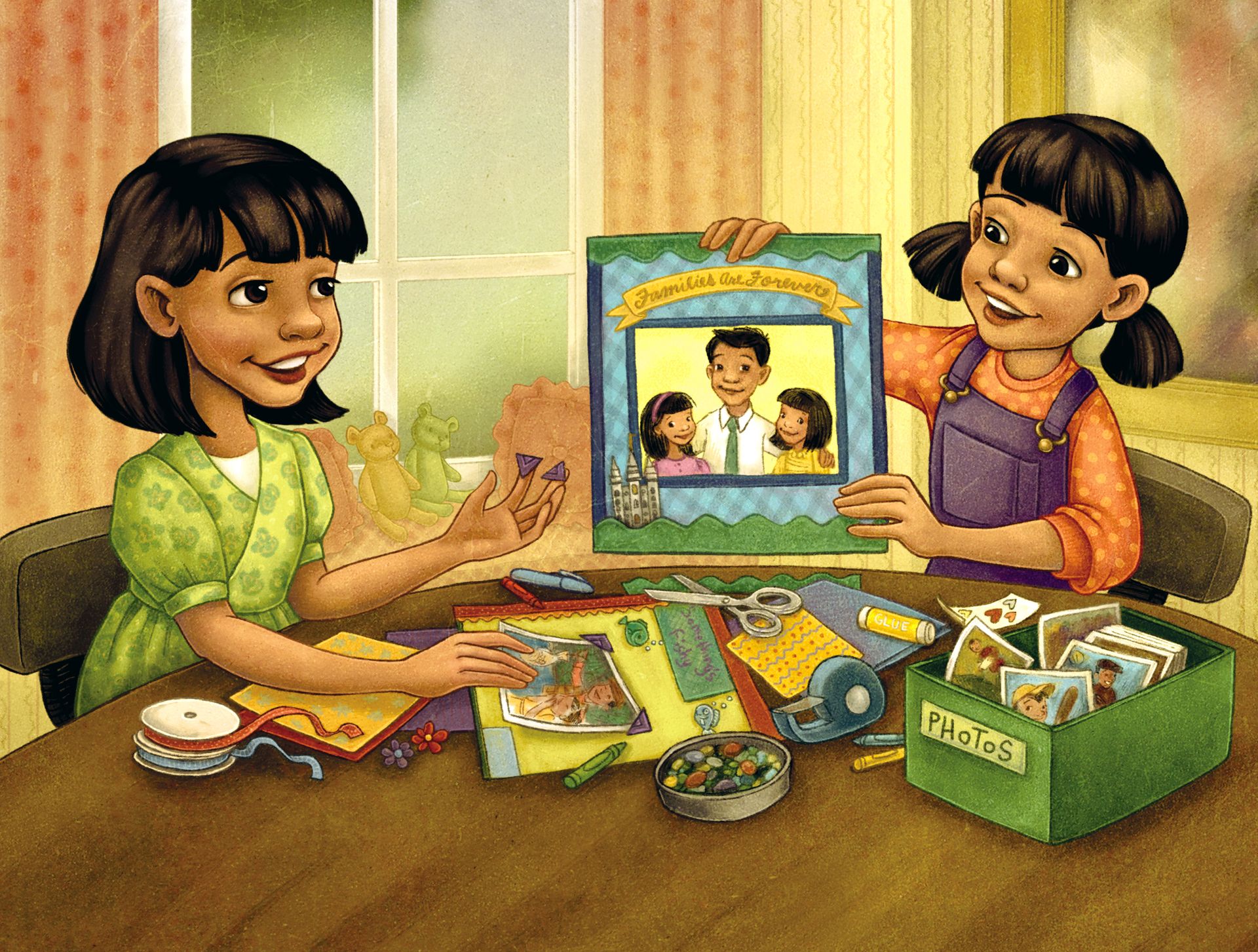 Two sisters do a family history activity together and make a scrapbook with family photos.