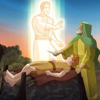 Illustration of an Angel appearing to Abraham as he is about to sacrifice Isaac on the altar.