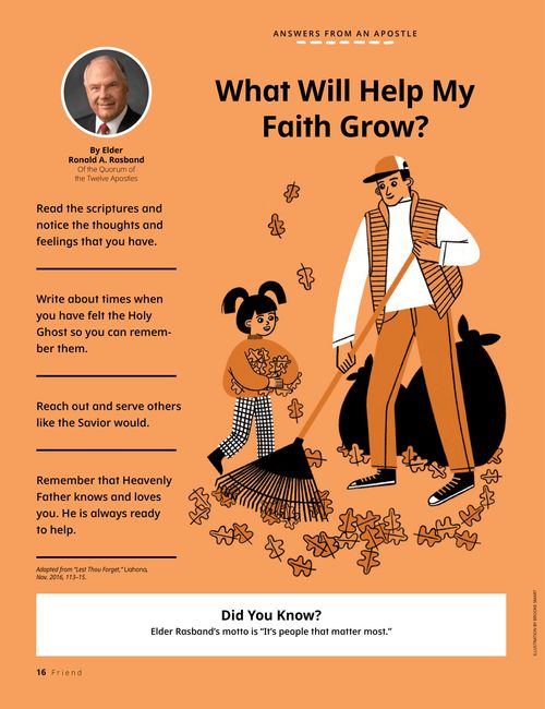 PDF of a general authority message with an illustration of a man and girl raking leaves together