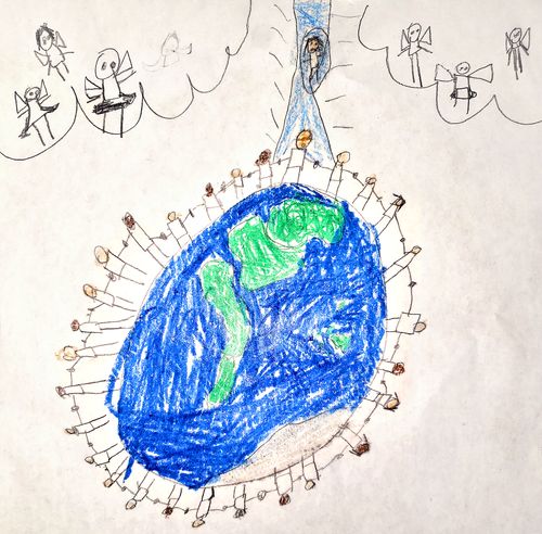 A child's drawing of a world with people circled around it holding hands.