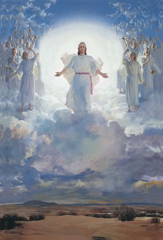 The resurrected Jesus Christ (wearing white robes with a magenta sash) standing above a large gathering of clouds. Christ has His arms partially extended. The wounds in the hands of Christ are visible. Numerous angels (each blowing a trumpet) are gathered on both sides of Christ. A desert landscape is visible below the clouds. The painting depicts the Second coming of Christ. (Acts 1:11)