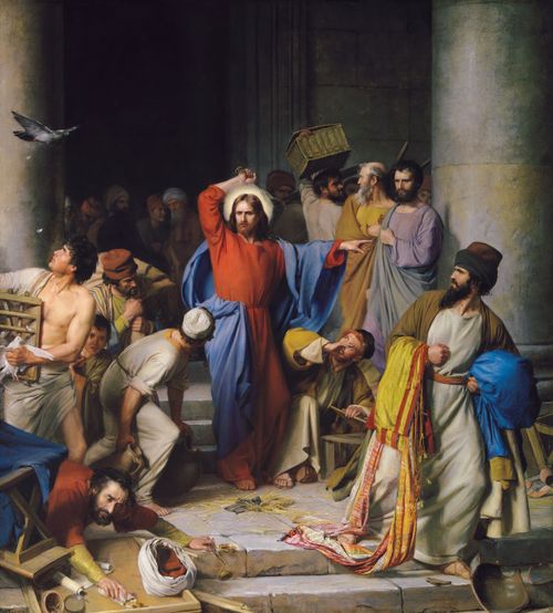 Jesus Christ in red and blue robes, seen wielding a whip among the columns of the temple in Jerusalem while a large crowd scrambles to vacate.