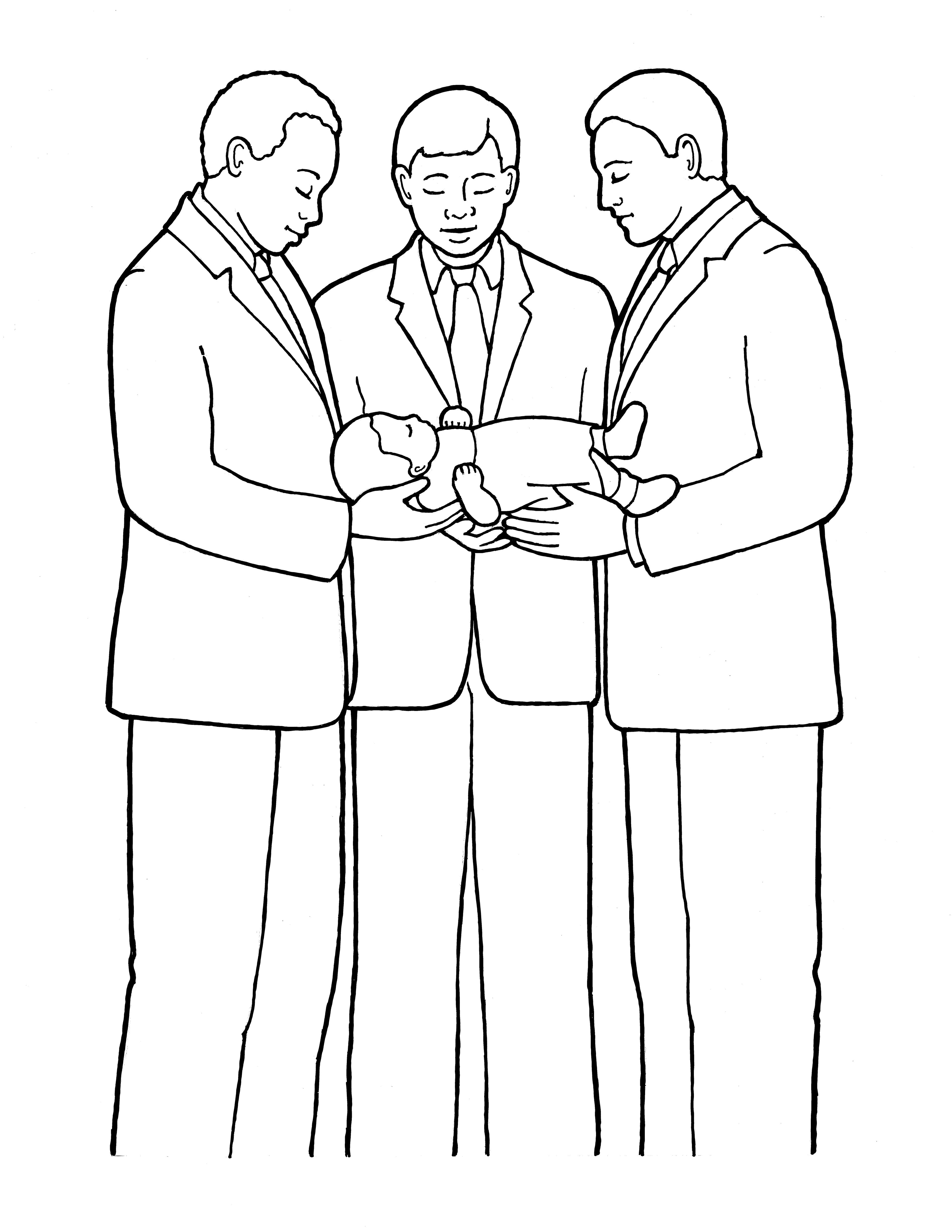 An illustration of three men blessing a small baby, from the nursery manual Behold Your Little Ones (2008), page 119.