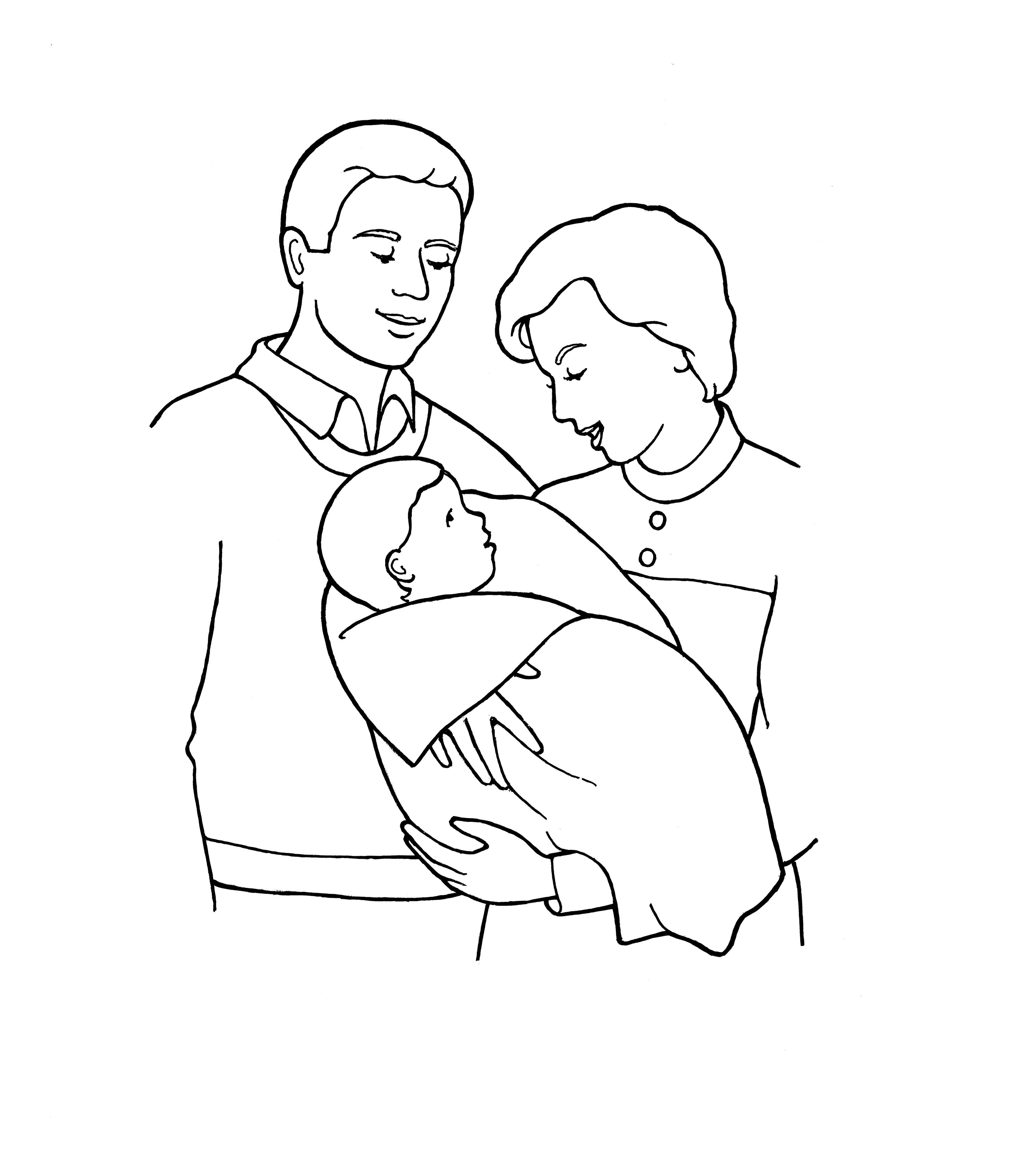 An illustration of parents holding a small baby, from the nursery manual Behold Your Little Ones (2008), page 15.