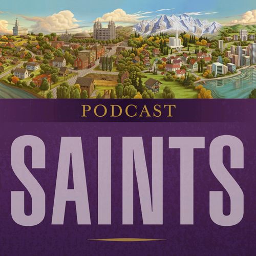 Illustration of the city of Salt Lake and text: Podcast, Saints
