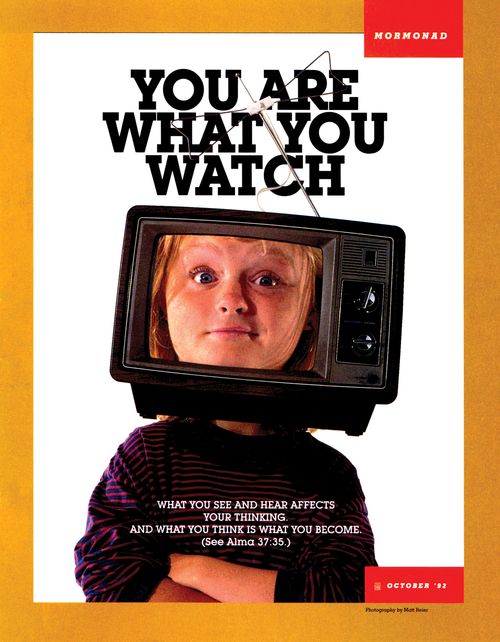 A conceptual photograph of a young woman with arms folded and her head inside a TV, paired with the words “You Are What You Watch.”