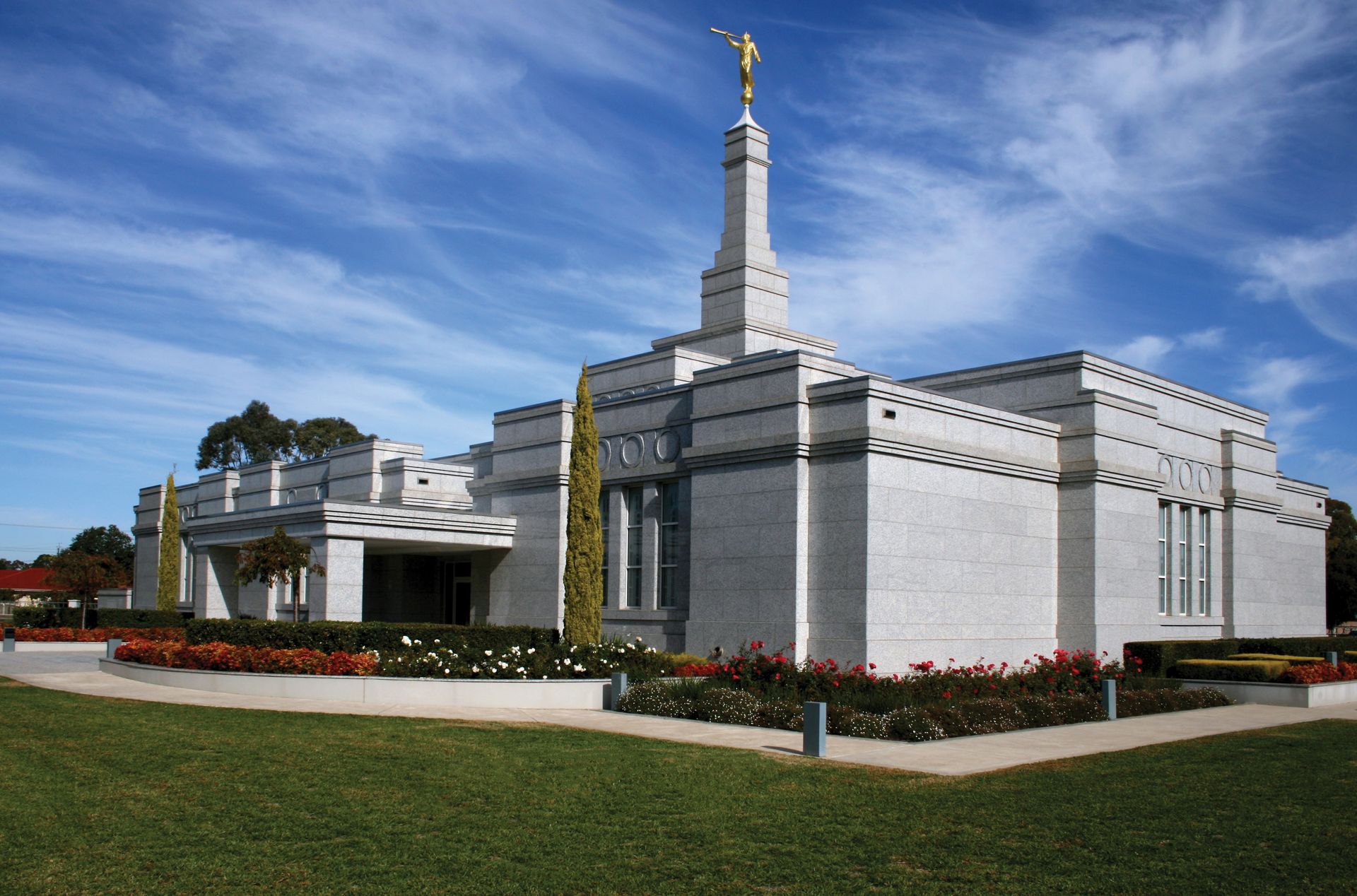 An exterior view of the Adelaide Australia Temple and grounds.